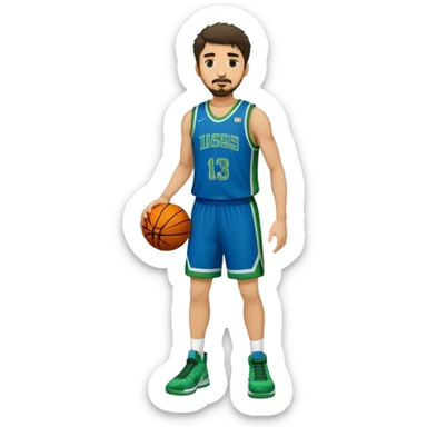 Full Body white male basketball player with short dark shaggy hair and goatee wearing blue and green uniform sticker