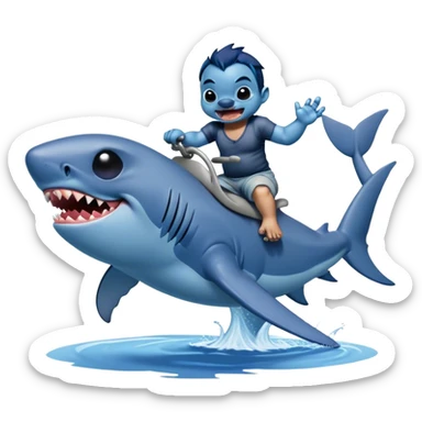 Disney's stitch, riding a great white shark  sticker