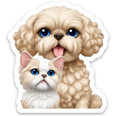 Beige curly fur Devon Rex Cat with blue eyes sitting next to a larger beige shih tzu  dog  sticker