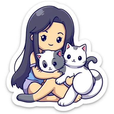 Beautiful girl with long black hair cuddling a gray and blonde cat sticker