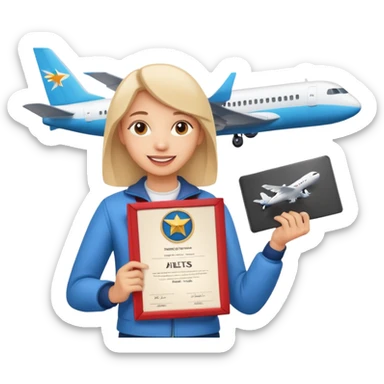 emoji student happy holding certificate IELTS 7.0, success, airplane, white background sticker