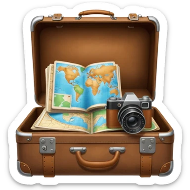 An open traveler's suitcase, from which a map, camera, and phrasebook peek out. sticker