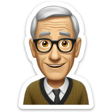 Shelley Berman with thick glasses, wearing a cardigan sticker