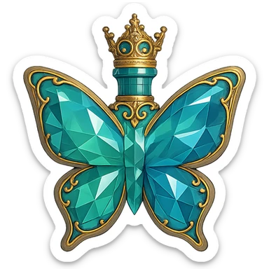 crystal butterfly-shaped bottle with short neck and princess crown, green and blue colors, many facets, glowing, ornaments, golden details, transparent background, bottle clearly floating in air with no base or shadow, very close to original sticker