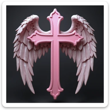 realistic gothic cross, pink with angel wings, photorealistic style, no background sticker
