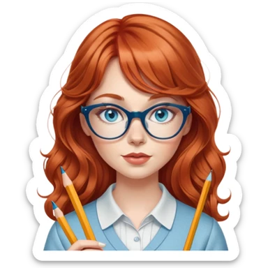 redheaded woman with very long wavy hair and bangs, blue eyes, clear cat-eye glasses, stylish modern outfit, holding a pencil sticker