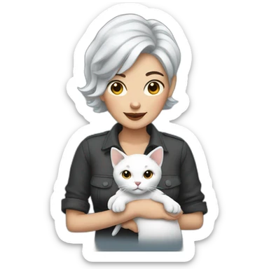 short gray hair tattooed woman with a white cat in her hand sticker
