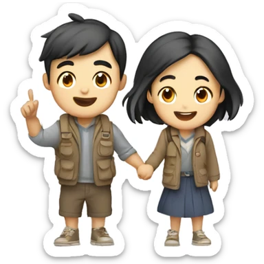 Cute young  Asian couple excitedly traveling  sticker