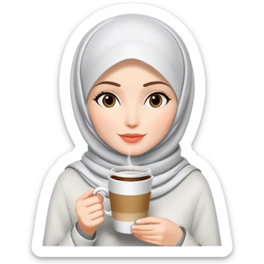 a white skin hijab woman drinks coffee with zepeto styles sticker