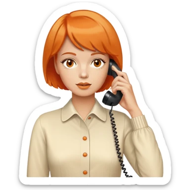 upper body of a woman with short orange hair talking on a white 70s phone sticker