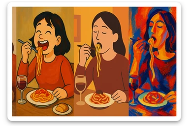 a woman eating food, diverse styles, scene 2 sticker