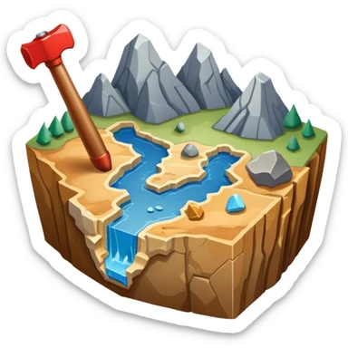 An icon featuring a rock hammer, a geological map, and layers of Earth’s crust, symbolizing geology. The design includes mineral samples, fossils, and tectonic plates, representing the study of Earth’s structure and natural processes. Transparent background highlights geological exploration sticker