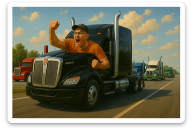 Add several more semi trucks of different colors and models driving on the highway alongside the original 2026 Kenworth W680 black sleeper semi. Keep the scene vibrant, energetic, and realistic, maintaining the style and atmosphere of the original image. sticker