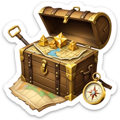 An icon featuring a treasure chest overflowing with gold, a treasure map with a compass rose, a backpack, and a shovel. The map guides the way, symbolizing the adventure of treasure hunting. Set against a transparent background, the design evokes excitement and exploration. sticker