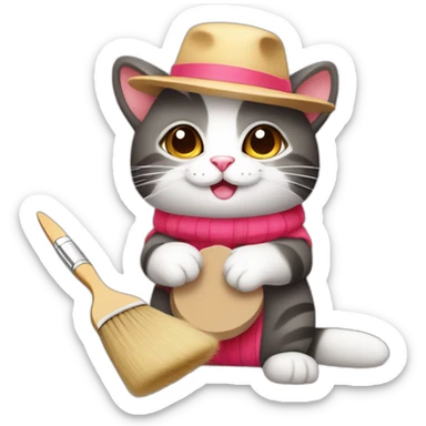 Kawaii cat artist in hat holding palette and brush so it can be used as a mouse cursor sticker
