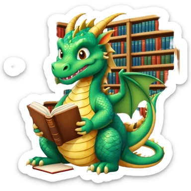 Wise grinning dragon sitting in the library with a book sticker