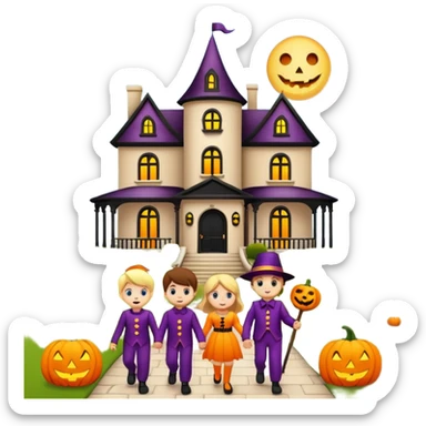 Kids trick or treating at a mansion sticker