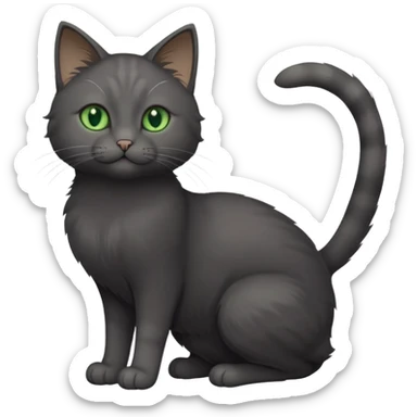 full body gorgeous solid dark grey cat with green eyes, white paws and white whiskers stretching like a cat sticker