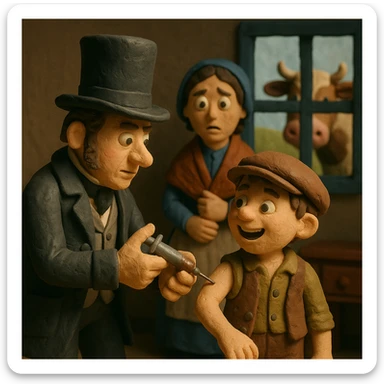 A Victorian doctor giving a young happy poor boy a vaccination with the boy's mother in the background looking worried in their living room. Through the window is a cow sticker