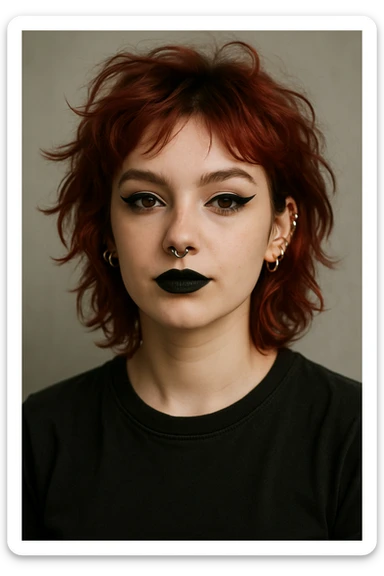 A fair-skinned girl, messy cherry red hair, black t-shirt, dramatic eyeliner, black lipstick, septum and several ear piercings, confident expression. sticker