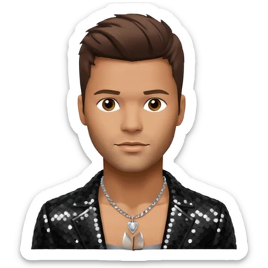 Ricky Martin with brown hair, black sequin jacket, shirtless with necklace sticker