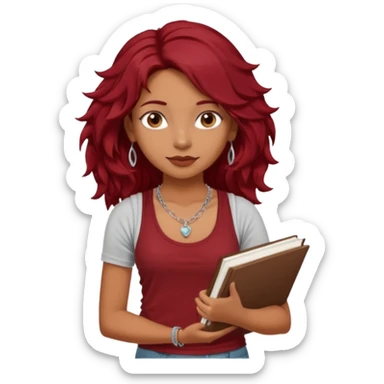 a pretty tan indian bratz girl with messy dark wavyred hair, wearing a dark red tank top, layered silver necklaces. Carrying multiple sketchbooks sticker