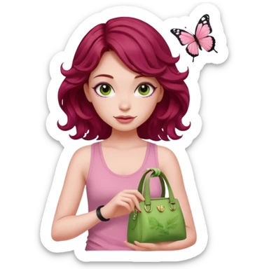 a pretty fair bratz girl with wavy dark red hair, wearing a pink tank top , carrying a matcha and a pink bag. eyeliner on. butterfly tattoo on arm sticker