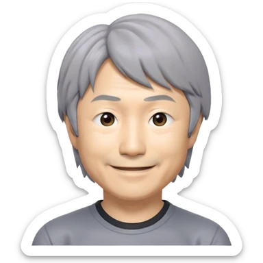 ​Cinematic Realistic Portrait of a Smiling Shigeru Miyamoto, depicted with warm, approachable features, gentle grey-tinted hair, and kind, expressive eyes, set against a subtle backdrop hinting at iconic video game imagery, rendered with lifelike textures and soft, inviting lighting that captures his innovative spirit, sticker