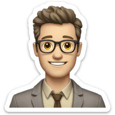 Joyful Pale skinned Fit Man With dark brown hair in gray jacket, beige office shirt, Brown pants and vintage glasses. His thrumbs up sticker