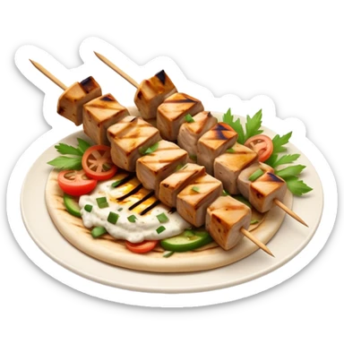 cinematic-realistic-souvlaki-dish-emoji,-showcasing-skewered,-grilled-chicken-with-mediterranean-spices-rendered-with-dynamic-textures-and-warm,-appetizing-lighting on pita bread on a plate sticker