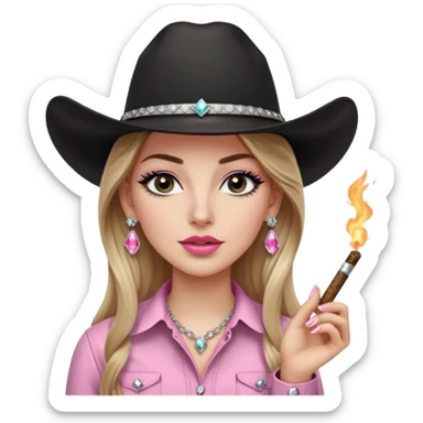 White girl, extra thick and long black eyelashes, black cowboy hate with hat band sparkling, long light brown straight hair, pink and black western shirt, smoking a joint,  big white diamond stud earrings, diva vibes sticker