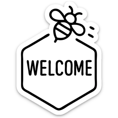 Welcome tag with buzzing bee, hexagon shape, 'WELCOME' text sticker