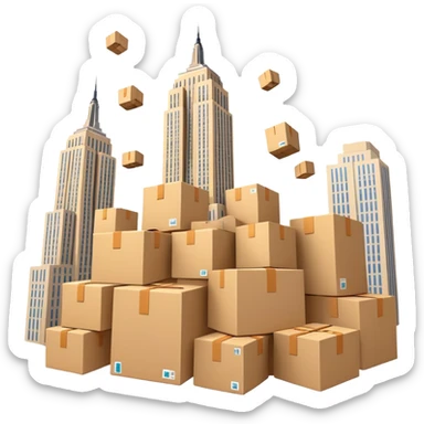 Empire State Building with plain boxes tumbling down, dynamic, fun sticker