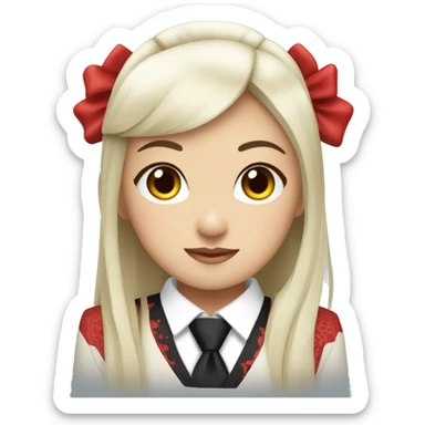 Asian girl with red eyes, a japanese hime-cut hairstyle, wearing a red suit with a black cross tie. sticker