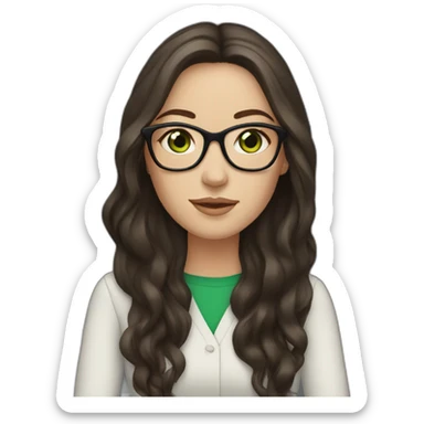 White woman with long dark brown hair and green eyes using glasses writing sticker