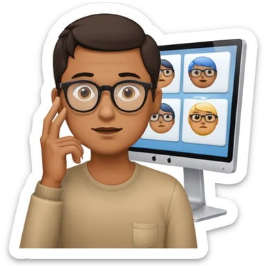 A man with glasses looks at several monitors and holds his hand to his chin sticker