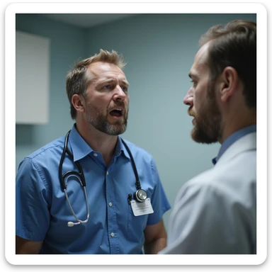 Hyperrealistic 4K image of a man complaining in front of a doctor, exaggerated and unbelievable expression, doctor with skeptical look, clinical environment, highly detailed. sticker