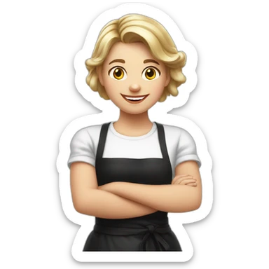 Slavic girl in a white T-shirt and black apron waves her right hand and smiles sticker