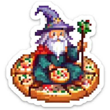 A wizard sitting on a pizza, playful and whimsical, bright and cheerful colors. sticker