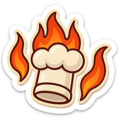 chef's hat explode with trails of fires, emoji, playful, flame red gradient, hat is pure white, vibrant, flame matching style reference file sticker