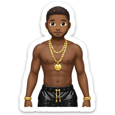 Usher with black sequin baggy pants, shirtless with necklace sticker