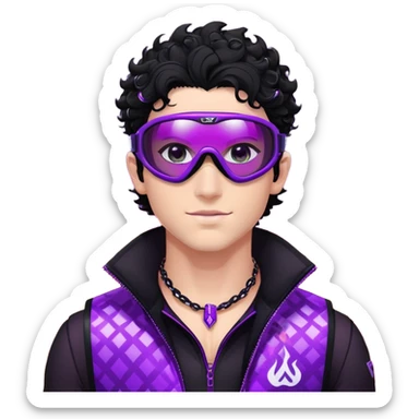male athlete with white skin and moderately curly black hair on top with shaved sides, wearing ski goggles with purple frames and very dark black lenses, a simple plain black chain necklace, and a completely unzipped shiny vest with purple and black sequin fire pattern design, fully revealing his chest and abs, no earrings sticker