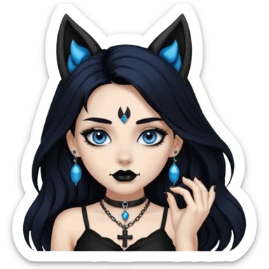A girl with long black hair and blue eyes, black eyeshadow, black eye liner, mascara, and black lipstick, and black skull earrings. Also a black sexy dress and wolf ears  and a black pendent necklace and a black cross below her right eye sticker
