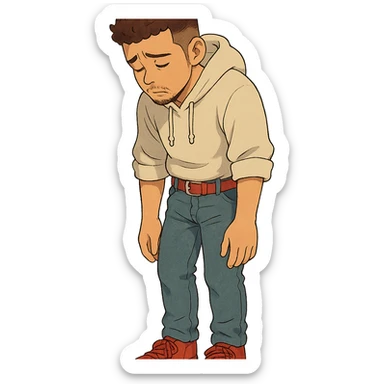 1 male, mid fade haircut dark chestnut brown curly hair, toasted lightskin, white hoodie sleeves up, fashion jeans, red fashion-sneakers shoes, red belt, short trimmed beard and goatee,  style of deku from "my hero academia", doing a "sad" pose sticker