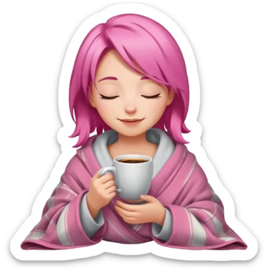 girl inside a blanket sipping coffee eyes closed pink hair sticker