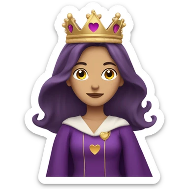 Caucasian long  brunette woman wearing formal royal purple robes and a crown. A burst of hearts are floating around her sticker