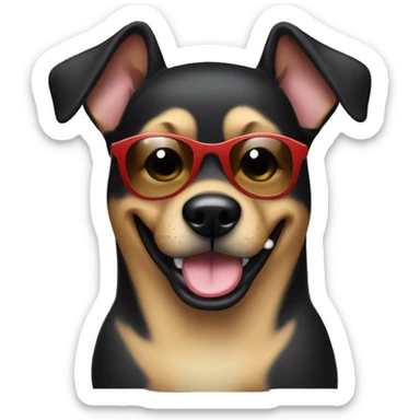 Female black large dog with very short hair and big ears with sunglasses . She is smiling with the tongue outside the mouth  sticker