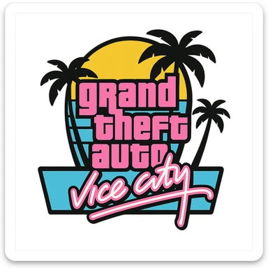 Grand Theft Auto Vice City inspired icon, light pink and light blue, 80s neon style, palm trees, vibrant and retro sticker