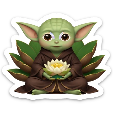 Baby Yoda con su tunica chocolate oscuro sentado dentro de una flor de loto estilo chino sticker