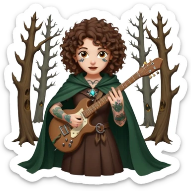Brown eyes, brown hair curly forest witch playing electric guitar sexual with tattoos...white ethnicity  sticker